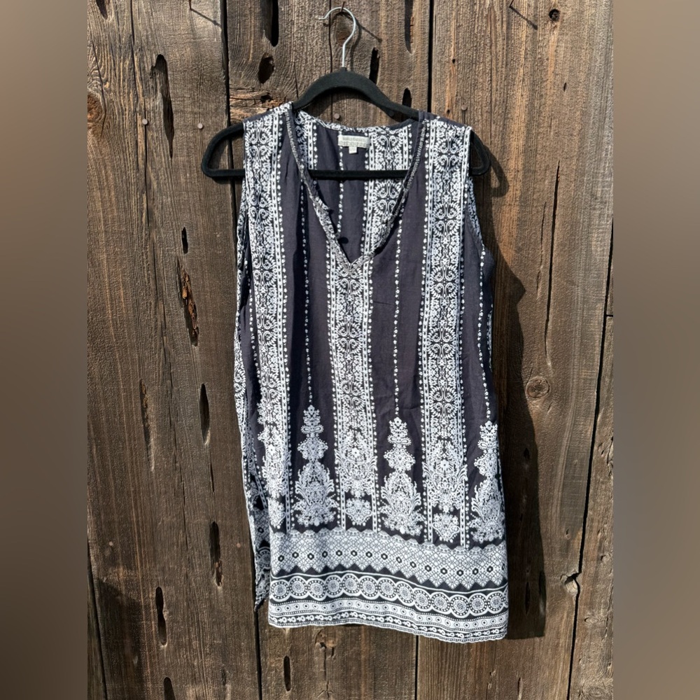 Cost Plus World Market Black & White Bohemian Tunic Shirt with Beaded Detail